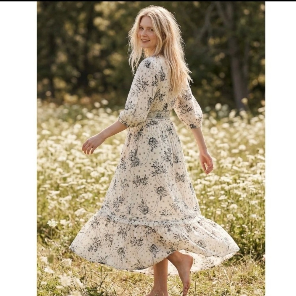Free People Golden Hour Floral Boho Maxi Dress Ivory Black XL - Picture 4 of 12